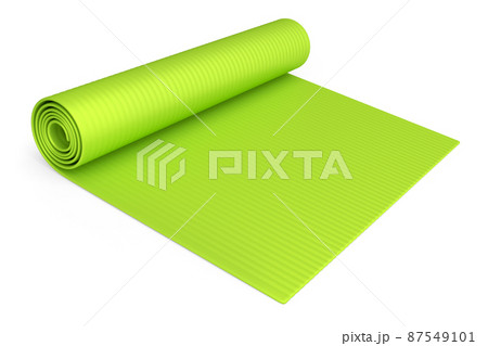 Green yoga mat or lightweight foam camping bed roll pad isolated on white background. 3d rendering of sport equipment for fitness, yoga and active workout Green yoga mat or lightweight foam camping bed roll pad isolated on white background. 3d rendering of sport equipment for fitness, yoga and active workout 87549101
