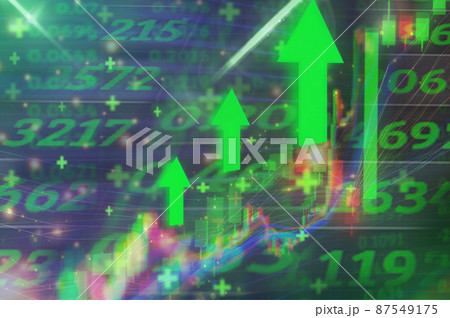 Green uptrend stock market,green bar and the line graph feeling that rise, growth, motivation, hope, and bull stock market after war crisis and pandemic. Background for the economy and data analysis. 87549175