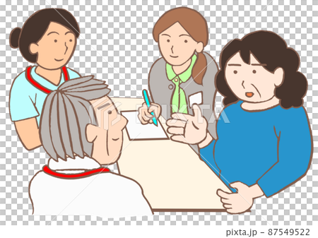 出院支持會議 一名患有精神分裂症的女性、一名精神科醫生、一名護士和一名心理健康工作者的插圖 出院支持會議 一名患有精神分裂症的女性、一名精神科醫生、一名護士和一名心理健康工作者的插圖 87549522