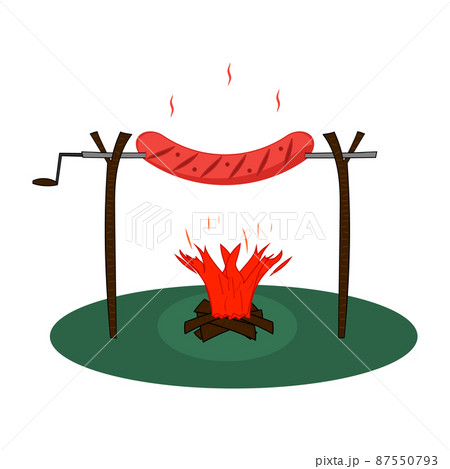 Big hot link sausage grilled on a campfire and skewer. Vector illustration on blank clear background. 87550793