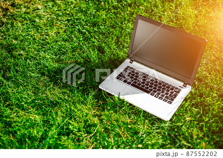Laptop with blank screen on green lawn Laptop with blank screen on green lawn 87552202