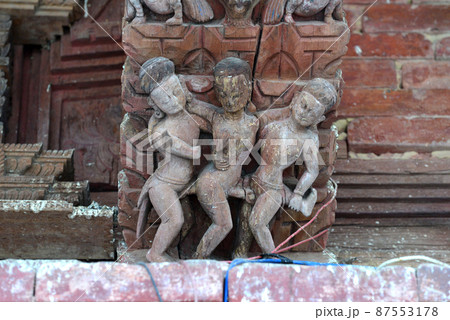 Erotic carvings on a Hindu temple in Kathmandu, Nepal. Now destroyed by the powerful earthquake that hit Nepal Erotic carvings on a Hindu temple in Kathmandu, Nepal. Now destroyed by the powerful earthquake that hit Nepal 87553178