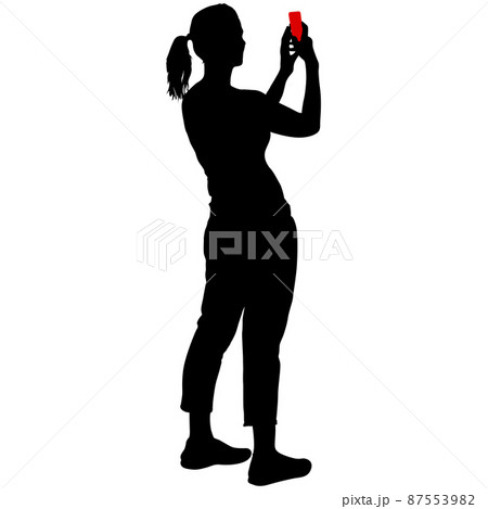 Silhouettes woman taking selfie with smartphone on white background 87553982