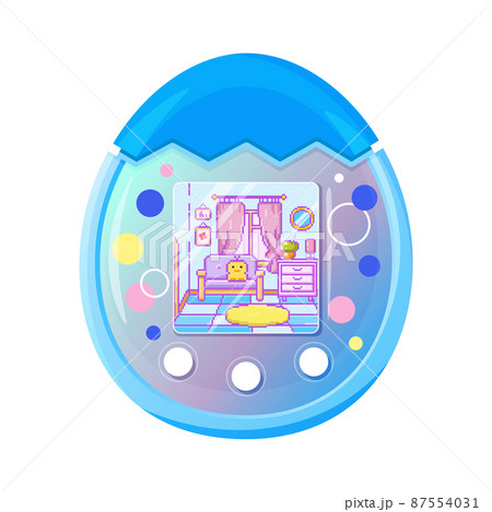 Modern tamagotchi vector illustration. Blue color. Cute Digital Tamagotchi icon. 87554031