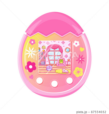Modern tamagotchi vector illustration. Pink color. Cute Digital Tamagotchi icon. 87554032