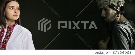 Conceptual poster with brave man in military uniform and Ukrainian girl in national shirt called vyshyvanka. Praying for peace. Stop war 87554033