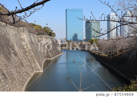 お城の石垣と堀と高層ビルの街並みと樹々の公園と青空の見える風景 87554609