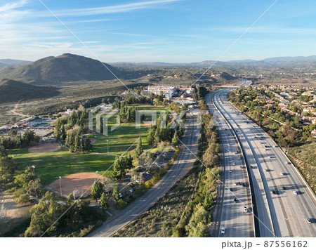 Aerial view of interstate 15 highway with in vehicle. San Diego, California 87556162