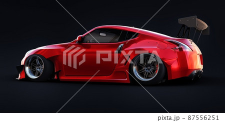 tuned sports racing car with arch extensions, air suspension and a huge spoiler. 3d rendering tuned sports racing car with arch extensions, air suspension and a huge spoiler. 3d rendering 87556251