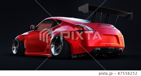 tuned sports racing car with arch extensions, air suspension and a huge spoiler. 3d rendering tuned sports racing car with arch extensions, air suspension and a huge spoiler. 3d rendering 87556252