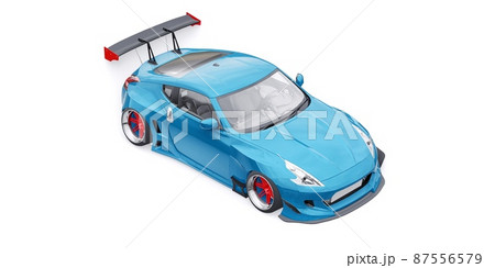 Blue tuned sports racing car with arch extensions, air suspension and a huge spoiler. 3d rendering Blue tuned sports racing car with arch extensions, air suspension and a huge spoiler. 3d rendering 87556579