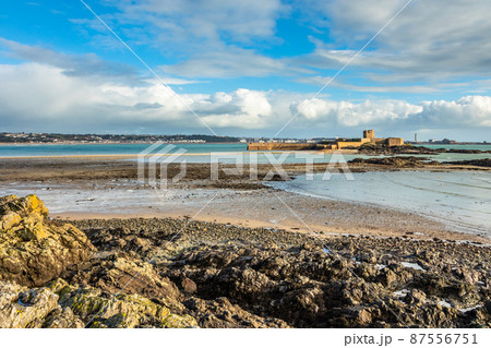 Saint Aubin Fort in a low tide waters, La Manche channel, bailiwick of Jersey, Channel Islands 87556751