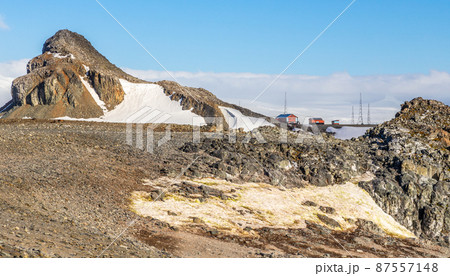 Antarctic landscape with mountains and argentinian Camara base station, Half Moon island, Antarctic peninsula Antarctic landscape with mountains and argentinian Camara base station, Half Moon island, Antarctic peninsula 87557148
