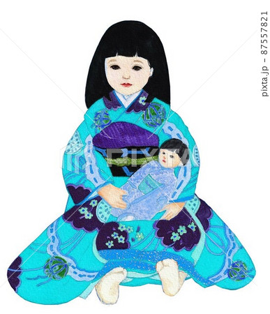 水彩画 座っている市松人形のイラスト素材 [87557821] - PIXTA