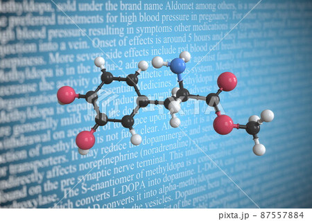 Molecular model of methyldopa, 3D rendering 87557884