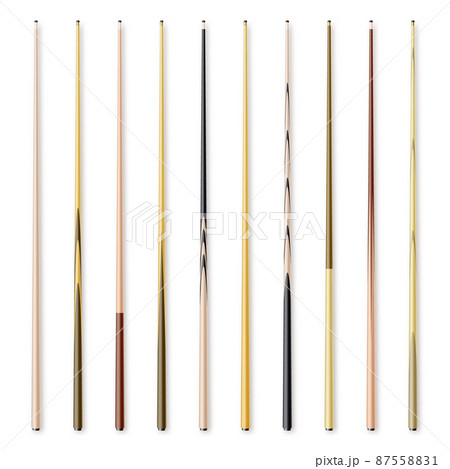 Various wooden billiard cues isolated on white background. Snooker sports equipment. Vintage pool 87558831