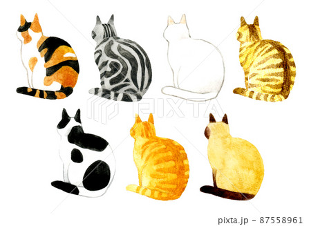 猫のかわいい手描き水彩イラストセット 座る猫の後ろ姿の手描きイラスト素材集のイラスト素材