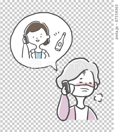 高熱で保健所に電話するシニア女性 87559363