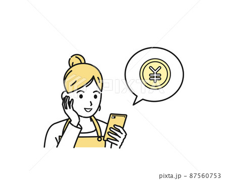 スマートフォンを使う主婦　女性　スマホ　お金　支払い　稼ぐ　副業　送金　ネットバンキング 87560753