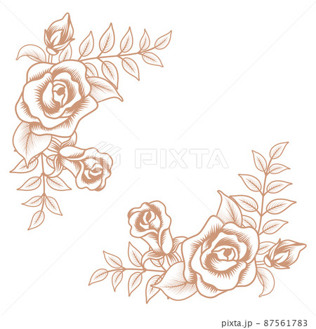 薔薇の装飾 コーナーフレーム 線画 ペン画風のイラスト素材 [87561783