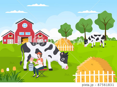 Farmers are Milking Cows to Produce or Obtain Milk with Views of Green Meadows or on Farms in an Illustration Flat Style Farmers are Milking Cows to Produce or Obtain Milk with Views of Green Meadows or on Farms in an Illustration Flat Style 87561831