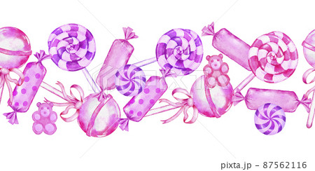 Seamless hand drawn horizontal border of pink sweet food candies lollipop chewing gum dessert party celebration. Girl birthday holiday design. Seamless hand drawn horizontal border of pink sweet food candies lollipop chewing gum dessert party celebration. Girl birthday holiday design. 87562116