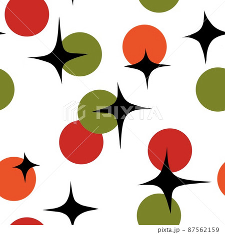 Seamless hand drawn mid century modern pattern in red green orange colors. Retro vintage 50s 60 diamond atomic age mcm pattern with abstract geomentric shapes for textile wallpaper trendy design. 87562159