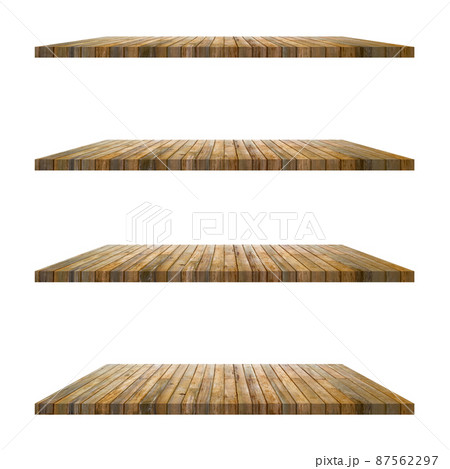 4 old wood shelves table isolated on white background and display montage for product. 4 old wood shelves table isolated on white background and display montage for product. 87562297