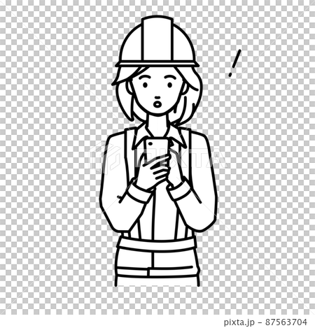 A woman at a construction site who was surprised to notice something while standing and operating a smartphone A woman at a construction site who was surprised to notice something while standing and operating a smartphone 87563704