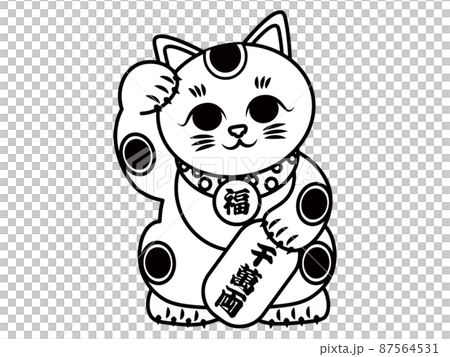 Maneki Neko, a beckoning cat, raising his right hand, 10 million cars, monochrome 87564531