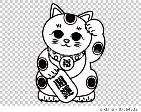 Maneki Neko, a beckoning cat, raising his left hand, good luck monochrome 87564532