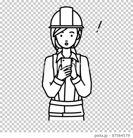 立ってスマートフォンを操作して何かに気づいて驚いた工事現場の女性 87564579