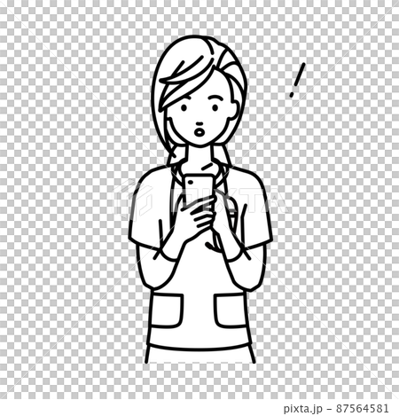 立ってスマートフォンを操作して何かに気づいて驚いた看護師の女性 87564581