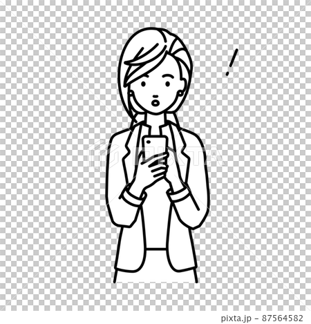 立ってスマートフォンを操作して何かに気づいて驚いたジャケットの女性 87564582