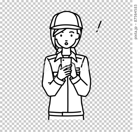 立ってスマートフォンを操作して何かに気づいて驚いた作業員の女性 87564583