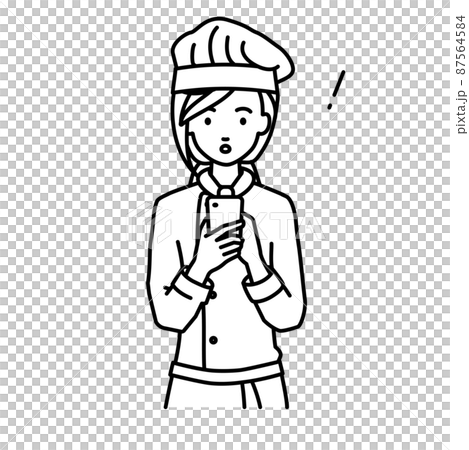 立ってスマートフォンを操作して何かに気づいて驚いた調理師の女性 87564584