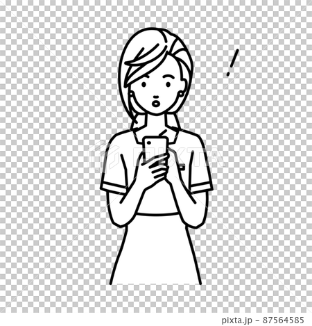 立ってスマートフォンを操作して何かに気づいて驚いたエステ店員・受付・接客業の女性 87564585