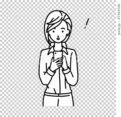 立ってスマートフォンを操作して何かに気づいて驚いたブラウスの女性 87564586