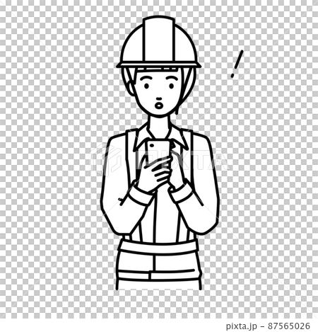 A woman at a construction site who was surprised to notice something while standing and operating a smartphone A woman at a construction site who was surprised to notice something while standing and operating a smartphone 87565026