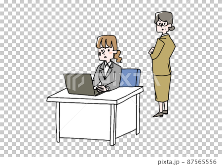 お局さんに監視をされている女性　コミカルな手書きの人物　ベクター、線画にシンプルな色つけ　 87565556