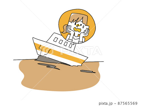 暗礁に乗り上げている女性 コミカルな手書きの人物 ベクター 線画にシンプルな色つけ のイラスト素材