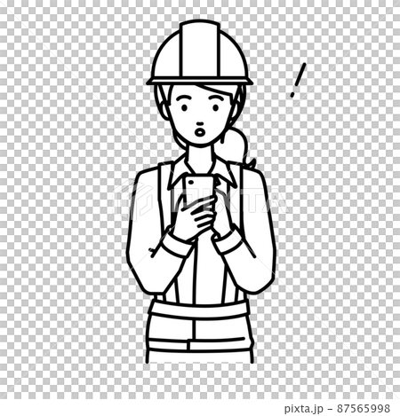 A woman at a construction site who was surprised to notice something while standing and operating a smartphone A woman at a construction site who was surprised to notice something while standing and operating a smartphone 87565998