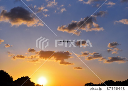A plane landing at sunset 87566448
