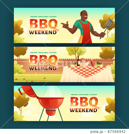 BBQ weekend cartoon banners with man cook on grill BBQ weekend cartoon banners with man cook on grill 87566942