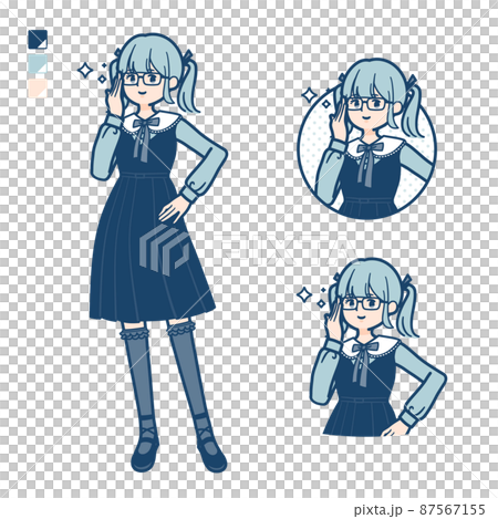 一位身著哥特式洛麗塔服裝的年輕女子擠壓她的眼鏡的插圖 87567155