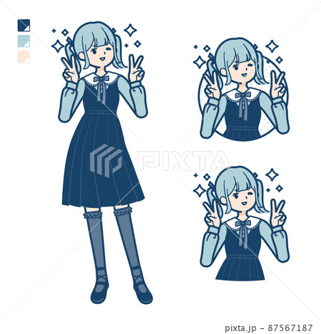 ゴスロリ衣装を着た若い女性がピースサインをしているイラスト ゴスロリ衣装を着た若い女性がピースサインをしているイラスト 87567187