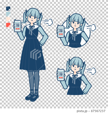 一名身穿哥特式洛麗塔服裝的年輕女子用一臉困擾的智能手機進行無現金支付的插圖 一名身穿哥特式洛麗塔服裝的年輕女子用一臉困擾的智能手機進行無現金支付的插圖 87567237