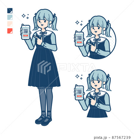 ゴスロリ衣装を着た若い女性がスマートフォンでキャッシュレス決済しているイラスト 87567239