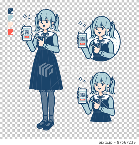 Illustration of a young woman wearing a Gothic Lolita costume making a cashless payment on her smartphone 87567239