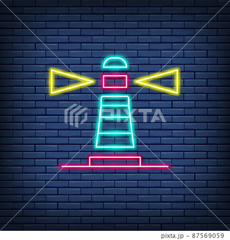 Vector lighthouse, beacon, warning sign, navigation, seamark neon sign. Vector lighthouse, beacon, warning sign, navigation, seamark neon sign. 87569059
